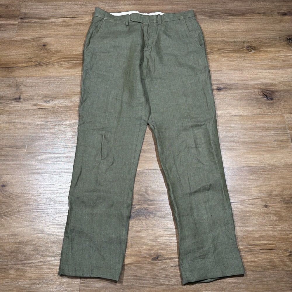 J Crew Bowery Pants Mens 29x30 Green Baird McNutt Irish Linen Herringbone Slim